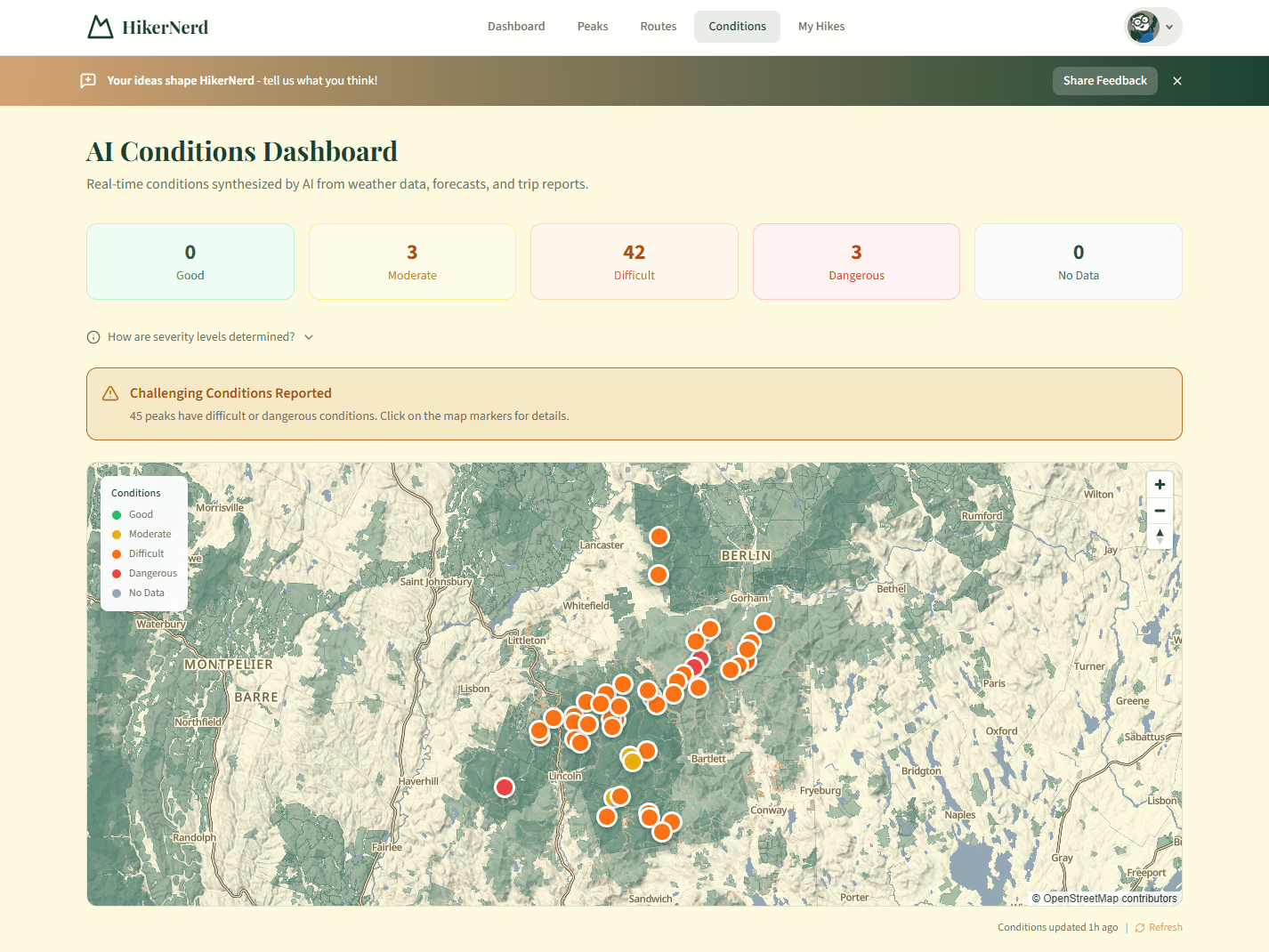 HikerNerd severity map showing peaks color-coded from green to red based on current conditions